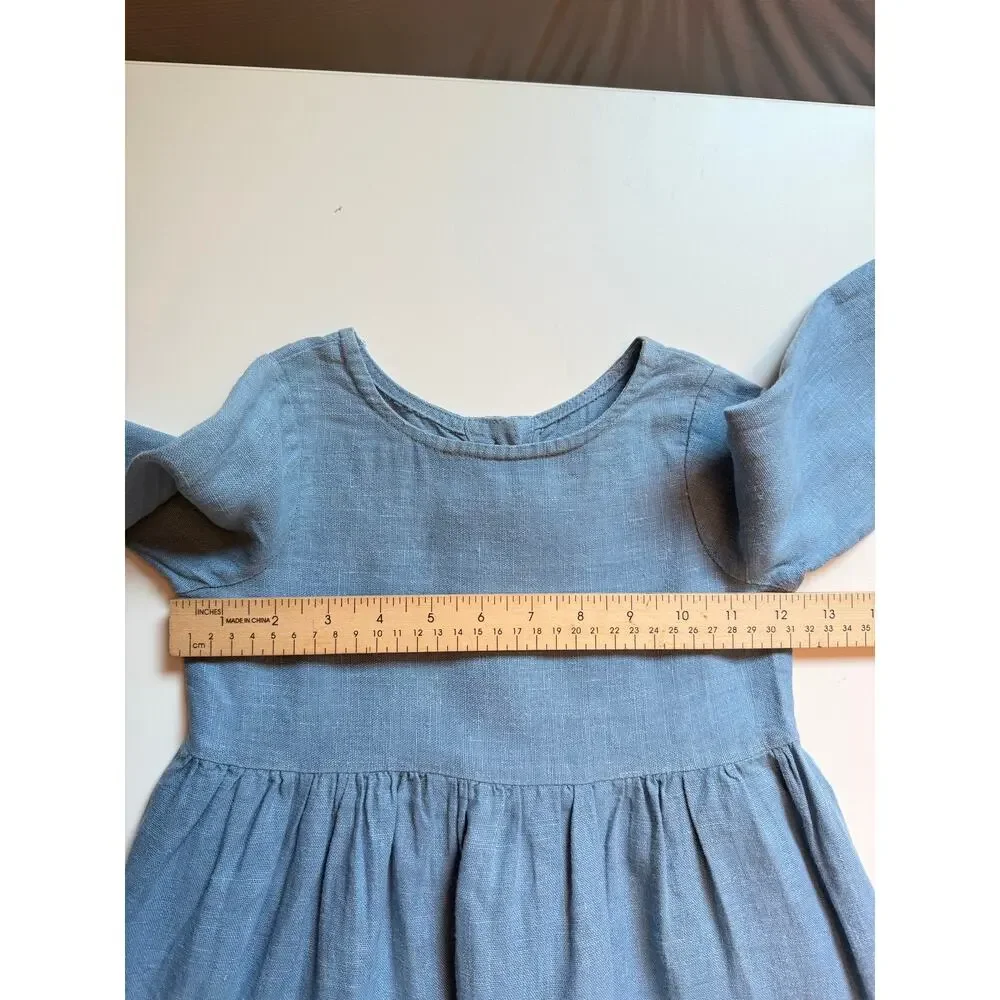 Hand Made 100% Linen Girls 6 Midi Dress Blue Cottagecore Boho Scandinavian